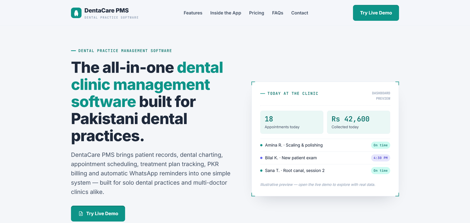 DentaCare PMS Dental Practice Software landing page preview