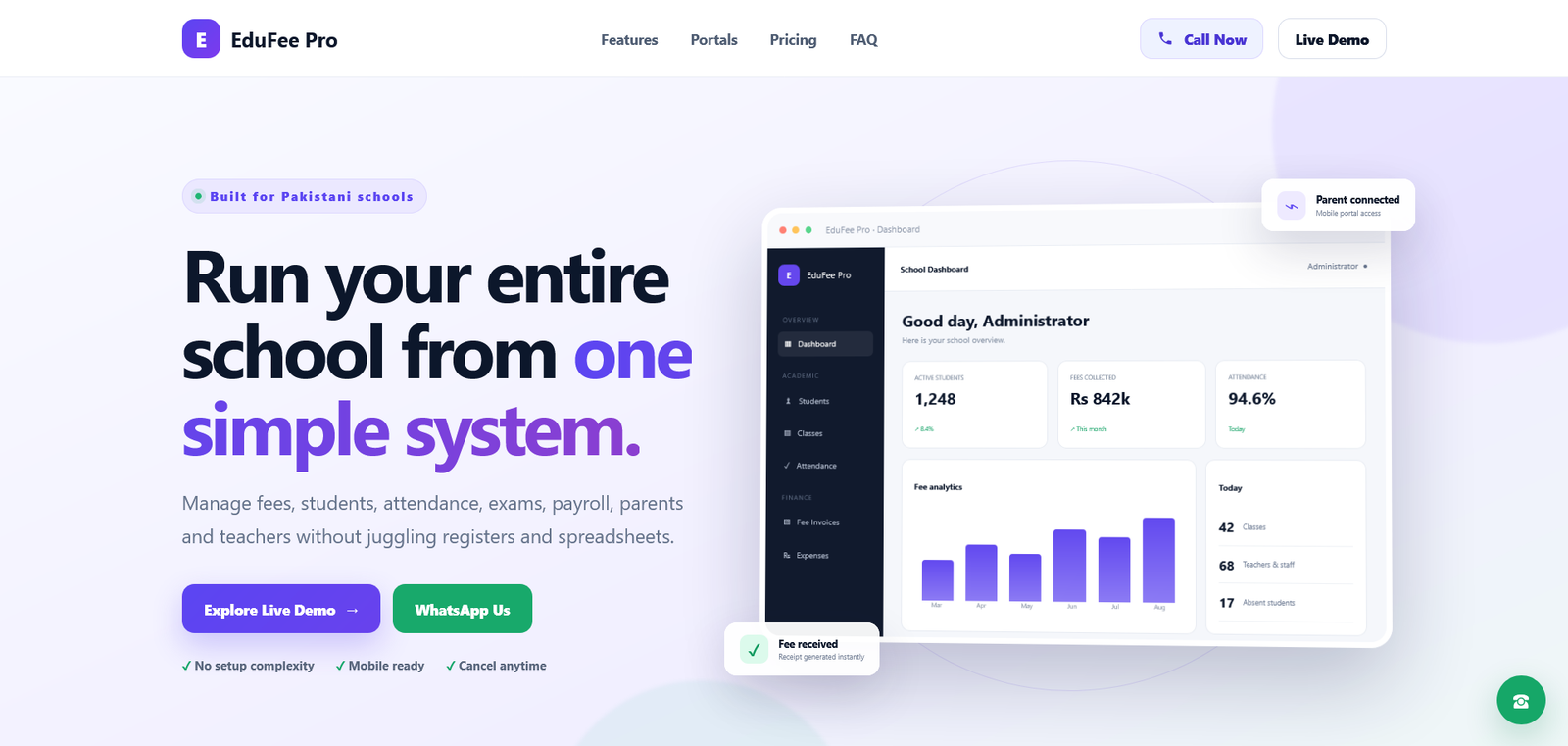 EduFee Pro School Management Software landing page preview