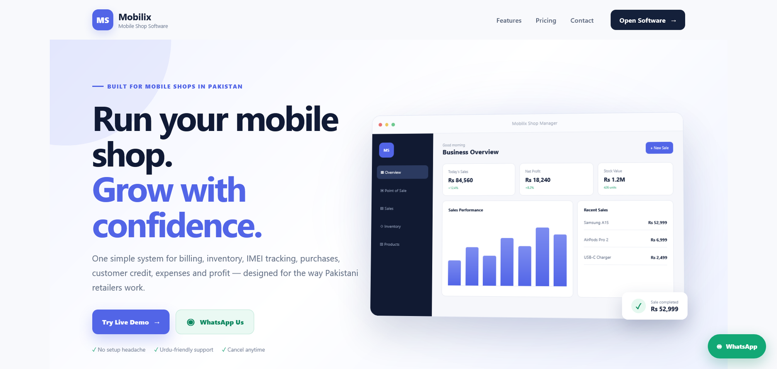 Mobilix Mobile Shop Software landing page preview
