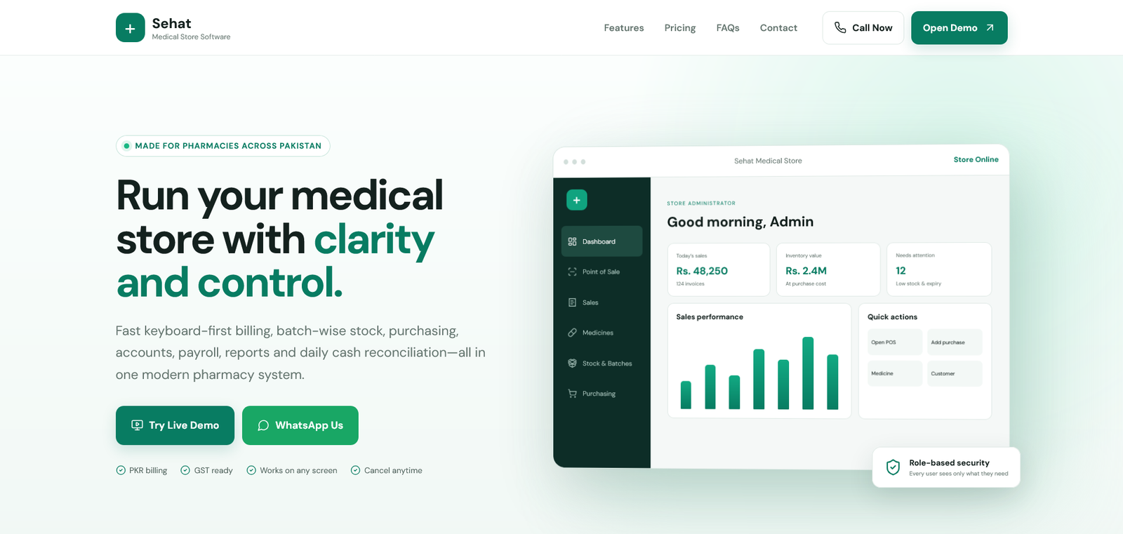 Sehat Medical Store Software landing page preview